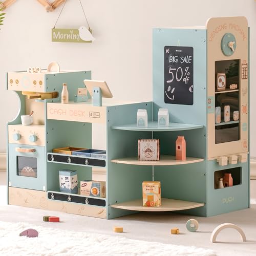 ROBUD Grocery Store Playset, Kids Play Store, Wooden Supermarket Playset with Cash Register, Chalkboard, Vending Machine, Coffee Machine, Oven, Play Food Accessories, Gift for Boys Girls 3+ ROBUD