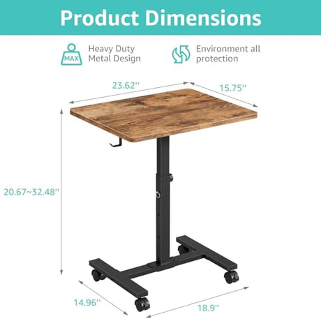 Small Portable Standing Rolling Desk - 24 Inch Mobile Stand Up Desk Adjustable Height on Wheels for Small Spaces, Couch Kids Laptop Desks End Side Table, Teacher Podium for Classroom, Rustic Brown WINAZ