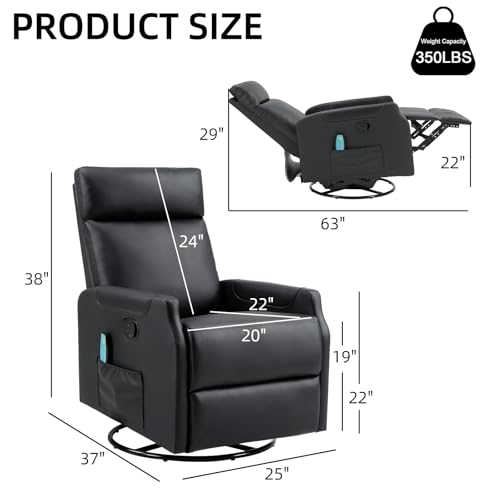 CANMOV Manual Swivel Rocker Recliner Chair, Overstuffed Rocking Chair Glider Recliner for Nursing, Ergonomic Rocker Chair with Vibration Massage & Heat, Reclining Chair for Living Room, (Black)
