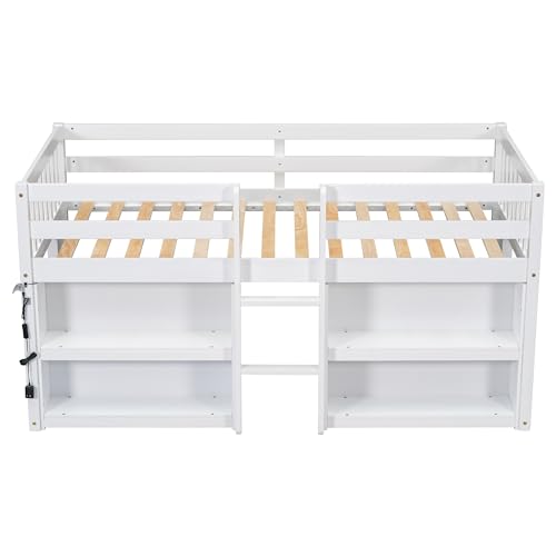 Softsea Twin Low Loft Bed with 2-Tier Shelves & LED Light in White SOFTSEA