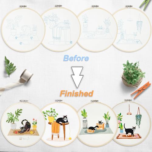 Bonroy 4 Sets Embroidery Set for Beginners, Art Craft, Easy Sewing, Includes Embroidery Clothing, Pattern, Embroidery Hoop, Instruction Manual, Colorful Thread Stitch Set (Cat)