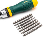 SATA 19-in-1 Multipurpose Ratcheting Screwdriver Set with 8 Double-Sided Bits and a Green and Yellow Oil-Resistant Handle - ST09350, 10 Piece SATA