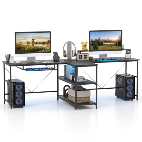 Giantex 94.5” 2 Person Desk with LED Lights, Long PC Study Desk with Storage Shelves, Power Outlets, Keyboard Tray & Monitor Stand, Double Computer Desk Workstation for Home Office (Black) - WoodArtSupply