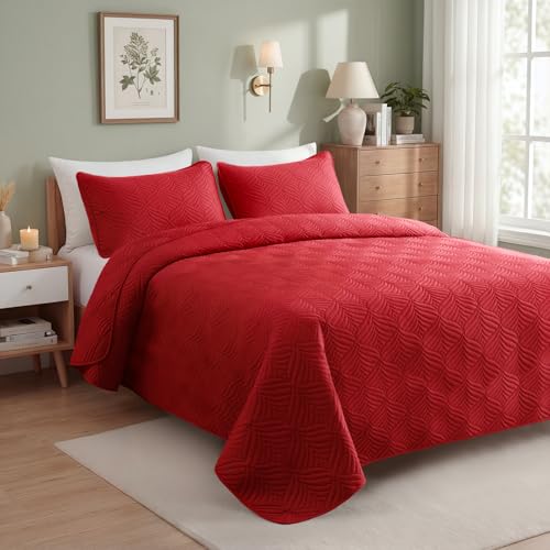Whale Flotilla Extra Soft Twin Quilt Bedding Set, Lightweight Red Bedspreads Quilts Twin Size with Modern Pattern, Reversible 2-Piece Coverlet with 1 Pillow Shame for All Seasons Whale Flotilla