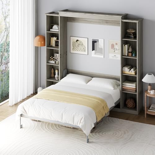Rophefx Queen Murphy Bed Cabinet with 5-Tier Adjustable Storage Shelves, Queen Wall Bed Cabinet Bed, Wood Space Saving Beds, Foldable Platform Beds, Hidden Bedframe for Guest Room, Bedroom,Grey Rophefx