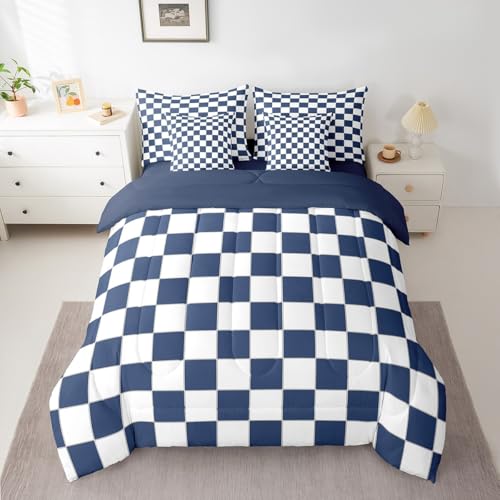 Erosebridal White Blue Plaid Full Comforter Set with Sheets 7 Piece Navy Blue Checkerboard Bedding Set for Kids Boys Teen,Checkered Grid Bed in A Bag Modern Aesthetic Geometric Bed Set Erosebridal
