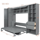 Merax Queen Murphy Bed with Tall 90.6" Closet Wardrobe & Shelves & Drawers, All-in-One Multi-Storage Side Flip Wood MDF Murphy Cabinet Bed Desk, Open/Close Hydraulically (Gray) Merax