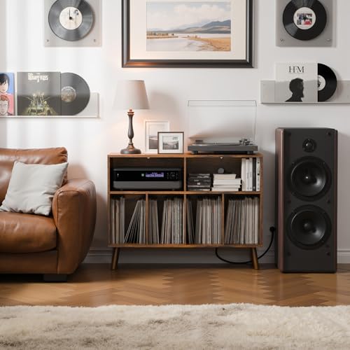 Cozy Castle Record Player Stand with Vinyl Storage Cabinet, Wood Turntable Table Open Shelf Holder Up to 350 Albums Cube Storage Organizer for Living Room, Office, Rustic Brown Cozy Castle