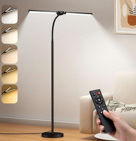 LED Floor Lamp for Living Room, Bright Reading Lamps for Office, Adjustable Colors Temperatures&Brightness, Dual Head Goose-Neck Standing Lamp, Remote and Button Control, Eye Caring Tall Lamp, Black VrimNowit
