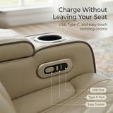 GzhAyyQ Power Reclining Sectional Sofa, Beige Breathing Leather Recliner Couch with LED Light, Cup Holders, Storage Console, Wireless Charging, USB & Type-C for Living Room Home Theater