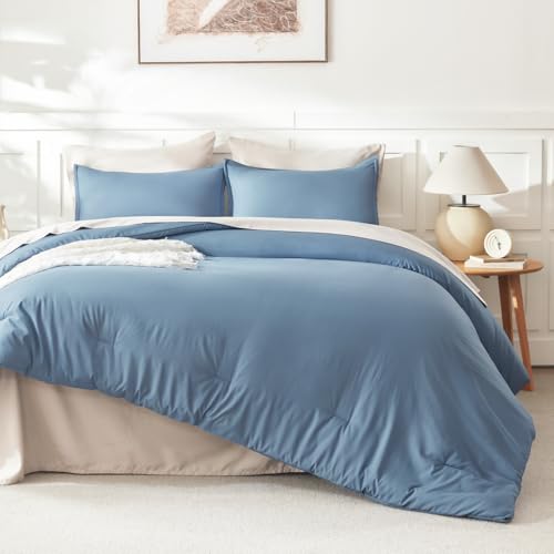 Litanika Comforters Queen Size Set Grayish Blue, 3 Pieces Lightweight Solid Bedding Comforter Set, All Season Fluffy Bed Set (90x90In Comforter & 2 Pillowcases) Litanika