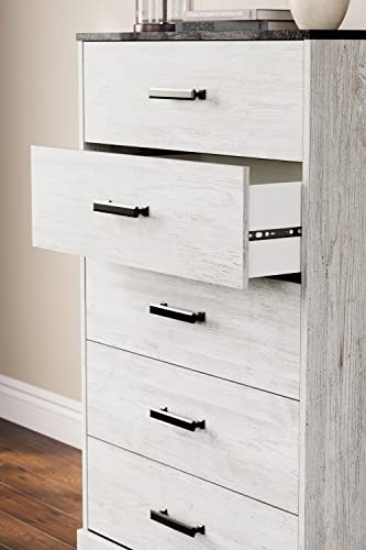 Signature Design by Ashley Shawburn Rustic 5 Drawer Chest of Smooth-Gliding Drawers and Safety Stop, White & Gray - WoodArtSupply