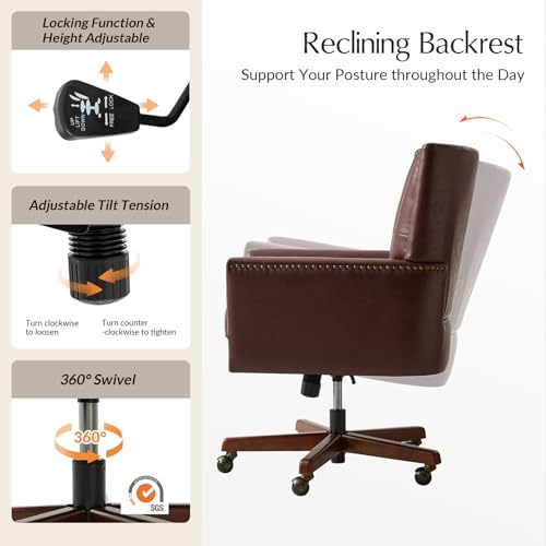 HULALA HOME Faux Leather Home Office Chair with Tilt Mechanism and Reclining Backrest, 360 ° Swivel Desk Chair with Metal Base, Button Tufted Computer Task Chair, Height Adjustable, Brown HULALA HOME