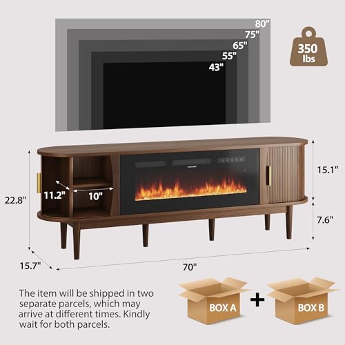 Decofy 70″ Fluted Fireplace TV Stand for 80″ TVs, Remote & Touch Control Adjustable Flame Colors & Temperature, Entertainment Center with Storage, Modern Media TV Console Table for Living Room(Walnut) Decofy