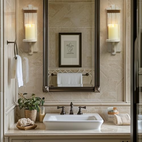 Homemory Wall Sconces Candle Holder Set of 2, Farmhouse Wooden Rustic Wall Decor for Living Room, Dining Room, Bedroom, Bathroom (White) Homemory