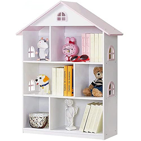 WODENY Pink Wooden Dollhouse Bookcase - 3-Tier Storage Organizer for Kids' Toys and Books WODENY