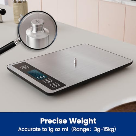 【33 lb & USB Rechargeable】 Digital Kitchen Food Scale Kitchen Scale, Stainless Steel Digital Weight Grams and Oz, Baking and Cooking, 0.1oz/1g Precise, 6 Weight Units (B1) izeyu