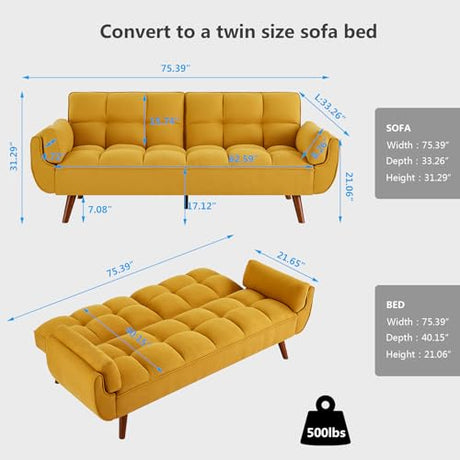 Betoko Convertible Futon Sofa Bed Sleeper Twin Size, Modern Reclining Linen Split Back Sofa Couch with Pillow Top Arm for Compact Living Room,Apartment (Yellow) Betoko