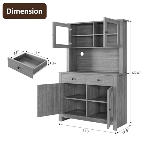 IDEALHOUSE 63" Kitchen Pantry Cabinet with Drawers, Hutch Cabinet with Storage, Microwave Stand, Adjustable Shelves, Freestanding Tall Pantry Storage for Dining Room, Living Room, Grey IDEALHOUSE