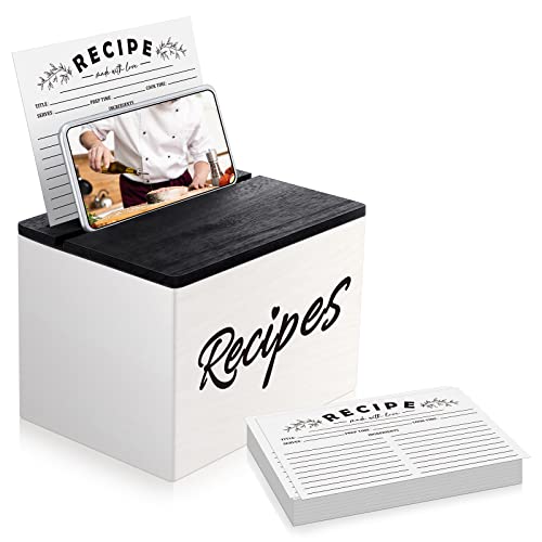 Hoteam Wooden Recipe Box with Cards and Rustic Wood Recipe Card Holder with 50 Pcs 5 x 7 Recipe Cards Set Farmhouse Recipe Organization Box with Dual Slots for Phone Kitchen Decoration (White) Hoteam