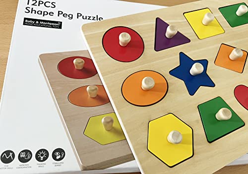 Dailyfunn Montessori Toy Shape Peg Puzzles Baby Puzzle 12-18-24 Months with Knob for Infant-Toddlers 1-3 D Dailyfunn