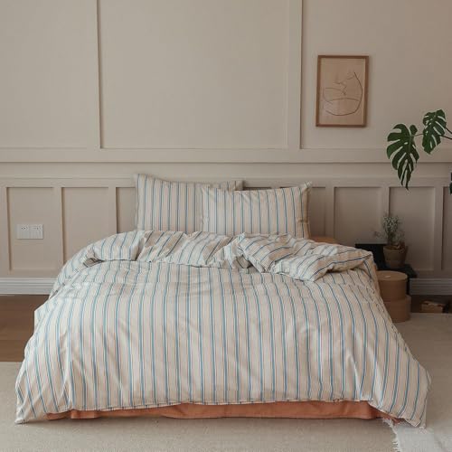 Blue Striped Duvet Cover Set Full 100% Cotton Retro Stripes Pattern 3 Pieces Bedding Set Blue Brown Striped Comforter Cover Minimalist Soft Breathable Duvet Cover with Zipper Closure & Corner Ties LifeTB