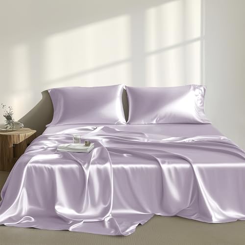 Madison Park Satin Sheets Twin Size, Luxurious Silky Bed Sheets, Elastic 14" Pocket fits up to 16" Mattress, Wrinkle-Free, Soft Satin Bed Sheet Set, Lilac 4 Piece Madison Park
