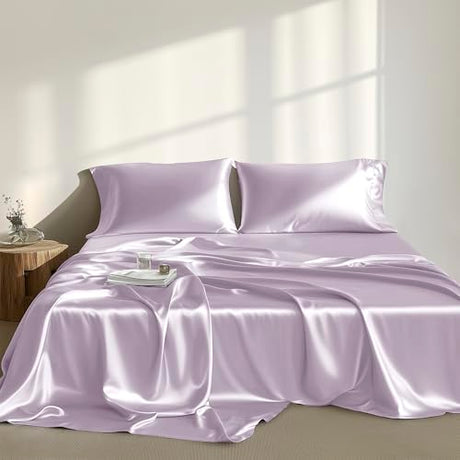 Madison Park Satin Sheets Twin Size, Luxurious Silky Bed Sheets, Elastic 14" Pocket fits up to 16" Mattress, Wrinkle-Free, Soft Satin Bed Sheet Set, Lilac 4 Piece Madison Park