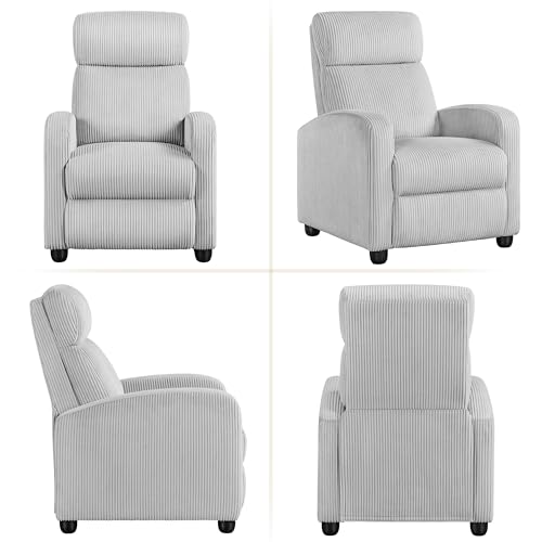 Yaheetech Recliner Chair Corduroy Recliner Sofa with Lumbar Support High-Density Foam & Pocket Springs, Push Back Armchair for Living Room Bedroom Home Theater Light Gray