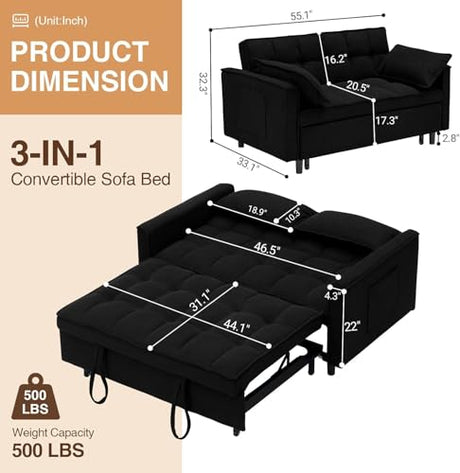 3 In 1 Corduroy Convertible Sofa Bed,Pull Out Couch Bed with Reclining Backrest And 2 Pillows, 54" Full Size Loveseat Sleeper Sofa Futon Couch Bed, Couches For Small Spaces, Living Room (Black ①) Xinmviec