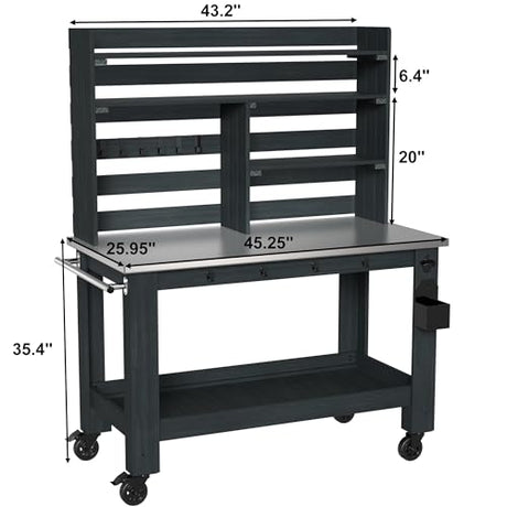 GDLF Potting Bench Table Large Outdoor Kitchen Island Prep Station with Stainless Steel Top Waterproof Cover, Hardwood, 66.9" H GDLF