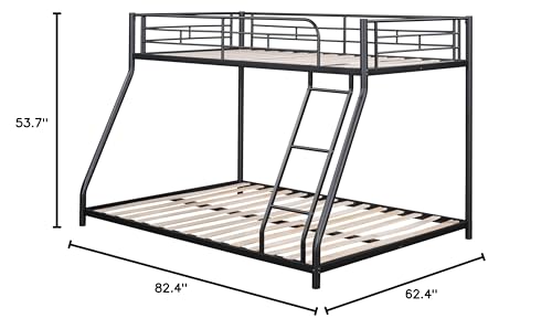 PVWIIK Metal Twin XL Over Queen Bunk Bed w/Ladder and Safety Guardrail for Kids Teens Adults,Heavy-Duty Sturdy Bunk Bed,No Box Spring Needed,Black