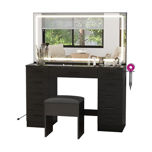 Vanity Desk with 11 Drawers,Glass Top Makeup Table with Mirror and LED Lights Vanity Table with Stool 3 Lighting Modes Brightness Adjustable Dressing Table with Power Outlet&Hair Dryer Holder (Black) Panana