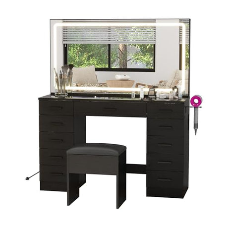 Vanity Desk with 11 Drawers,Glass Top Makeup Table with Mirror and LED Lights Vanity Table with Stool 3 Lighting Modes Brightness Adjustable Dressing Table with Power Outlet&Hair Dryer Holder (Black) Panana