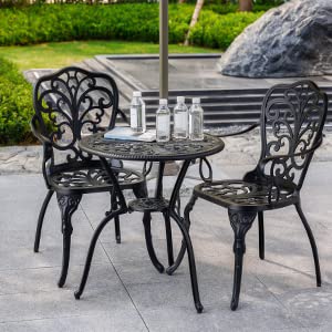 Withniture 3 Piece Patio Bistro Set Cast Aluminum Bistro Table and Chairs Set of 2 with Umbrella Hole,All Weather Metal Bistro Table Set,Outdoor Patio Furniture Set for Garden(Butterfly Black) Withniture