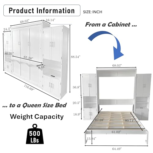 DNYN Queen Size Murphy Bed with Desk & Two Slide Storage Shelf for Small Space,Bedroom,Guest Room,Wooden Wall Bedframe w/Folding into Cabinet Design,Super Save Space & No Box Spring Needed, White DNYN