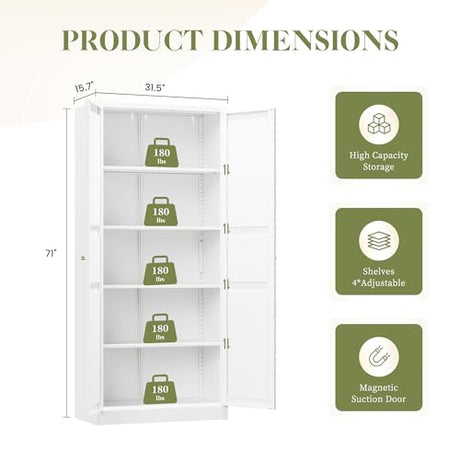 RAVIGIN Metal Storage Cabinet,71" H Pantry Cabinet with 2 Doors and 5 Adjustable Shelves,6 Tier Tall Kitchen Storage Cabinets for Kitchen,Pantry,Living/Study/Laundry Room(White) RAVIGIN
