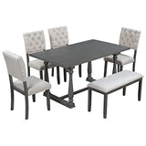 Merax 6 Piece Kitchen Dining Table Set, Wooden Rectangular Dining Table with Upholstered Bench and 4 Chairs, Dining Room Table Set for 6 People, Living Room Furniture (Gray, Beige Cushions) Merax