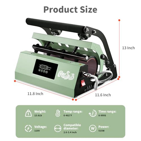CoolSub Tumbler Heat Press Machine, Mug Press Machine for 30oz 20oz, Sublimation Blank Skinny Tumbler Glass Jar Can 11-16oz Mugs, Heat Transfer Print for Sublimation Tumblers, Cups, Mugs Green CoolSub