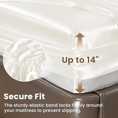 Love's cabin Full Size Satin Sheet Sets - 4 Piece Ivory Silky Sheet Set Full with Deep Pocket, Luxury Silk Feel Bed Sheets Full Bedding Set (1 Flat Sheet,1 Fitted Sheet,2 Pillow Cases) Love's cabin