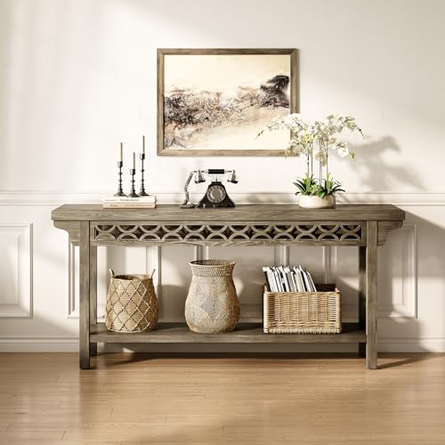 LITTLE TREE 70.87-Inch Long Console, Solid Wood Farmhouse Narrow Entryway Table with Shelf, Rustic Sofa Table for Living Room, Hallway, Grey LITTLE TREE