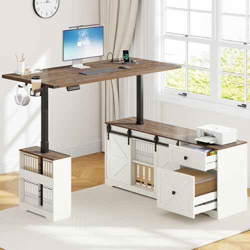 63" Farmhouse Electric Standing Desk Adjustable Height Sit Stand Corner Stand Desks, L Shaped Standing Computer Desk with Power Outlets & Storage Drawers & Sliding Door for Home Office, White St.Mandyu