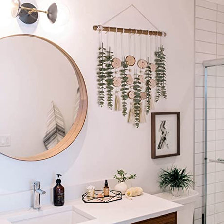 Artificial Eucalyptus Wall Decor Fake Greenery Leaves Stems Wall Hanging Plants on 16.5 inch Wooden Stick Boho Rustic Farmhouse Decor for Bedroom Kitchen Dining Room Bathroom GIAUMA