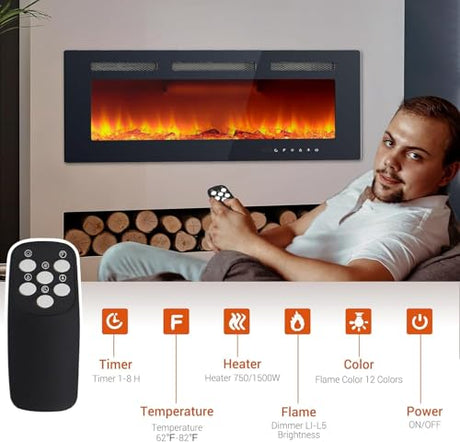 40" Electric Fireplace, Recessed and Wall Mounted Fireplace with Smart WiFi Infrared Linear Fireplace Heater 120v/1500w &12 LED Flame Colors & Timer Remote, Low Noise Operation LIZHOUMIL