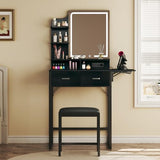 ALEXNUTRE Makeup Vanity Desk with Mirror and Lights, Small Vanity with Fabric Storage Drawer & Chair & Shelves, Vanity with Fold-up Panel and Power Outlet for Bedroom ALEXNUTRE