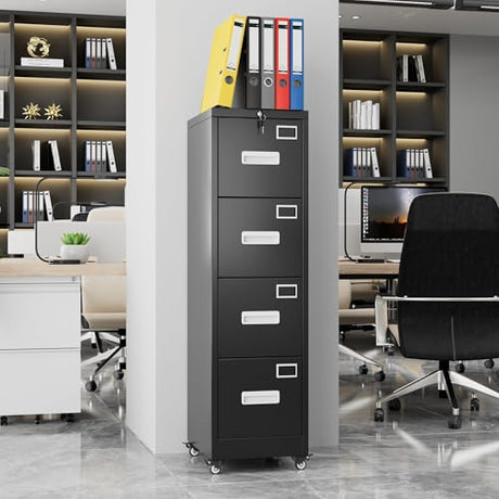 Aobabo 4 Drawer File Cabinet with Lock and Wheels, Metal Vertical Filing Cabinet with Anti-Tilt Interlock System for Home Office, Fits Letter/Legal Size, Black,Required Assembly Aobabo