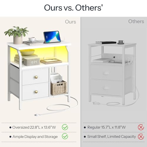 HOOBRO 23 inch Wide Nightstand with Charging Station and LED Light, Night Stand with 2 Fabric Drawers, Bedside Table, Dresser with Open Storage Shelf, End Side Table for Bedroom, White WT160UDBZ01 HOOBRO
