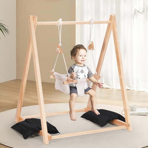 Wooden Swing Set for Toddler 6-36 Month, Foldable Baby Swing with Stand & 2 Sandbags, Kid Swing for Indoor Outdoor Backyard, Pine Wood - WoodArtSupply