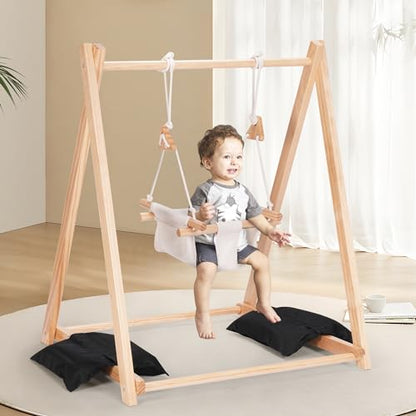 Wooden Swing Set for Toddler 6-36 Month, Foldable Baby Swing with Stand & 2 Sandbags, Kid Swing for Indoor Outdoor Backyard, Pine Wood - WoodArtSupply