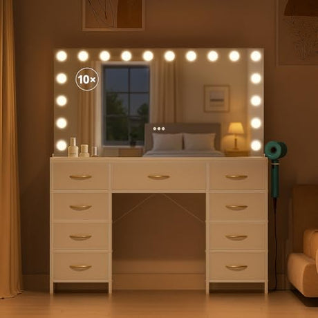 COMHOMA Vanity Desk with Large Mirror,15 LED Bulbs and Power Outlet,Makeup Table with 9 Storage Drawers and HD Mirrors,3 Color Modes Adjustable Lighting for Bedroom Dressing Room (White, 47inch) COMHOMA